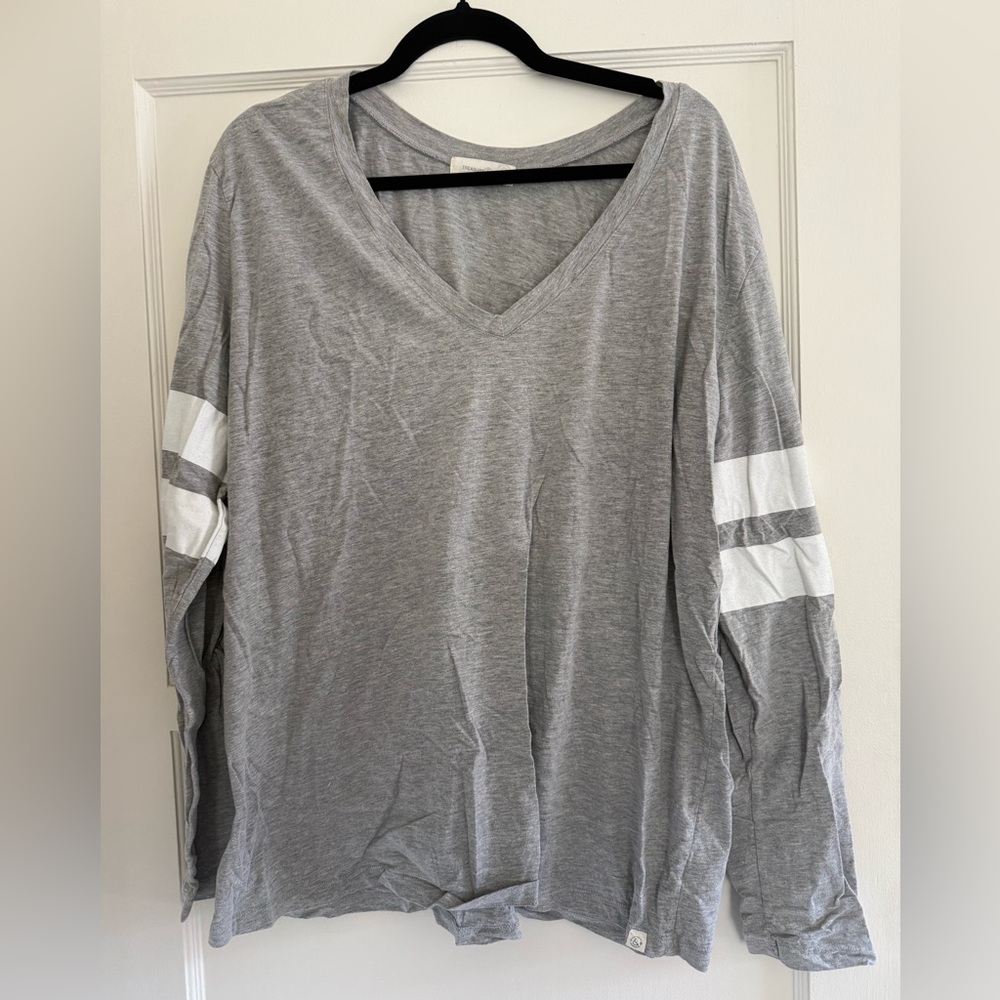 Treasure & Bond Gray V-Neck Long Sleeve Top with White Stripes
